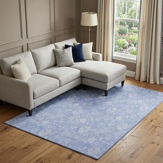 Sky Blue And Ivory Floral Washable Area Rug With UV Protection Photo 1