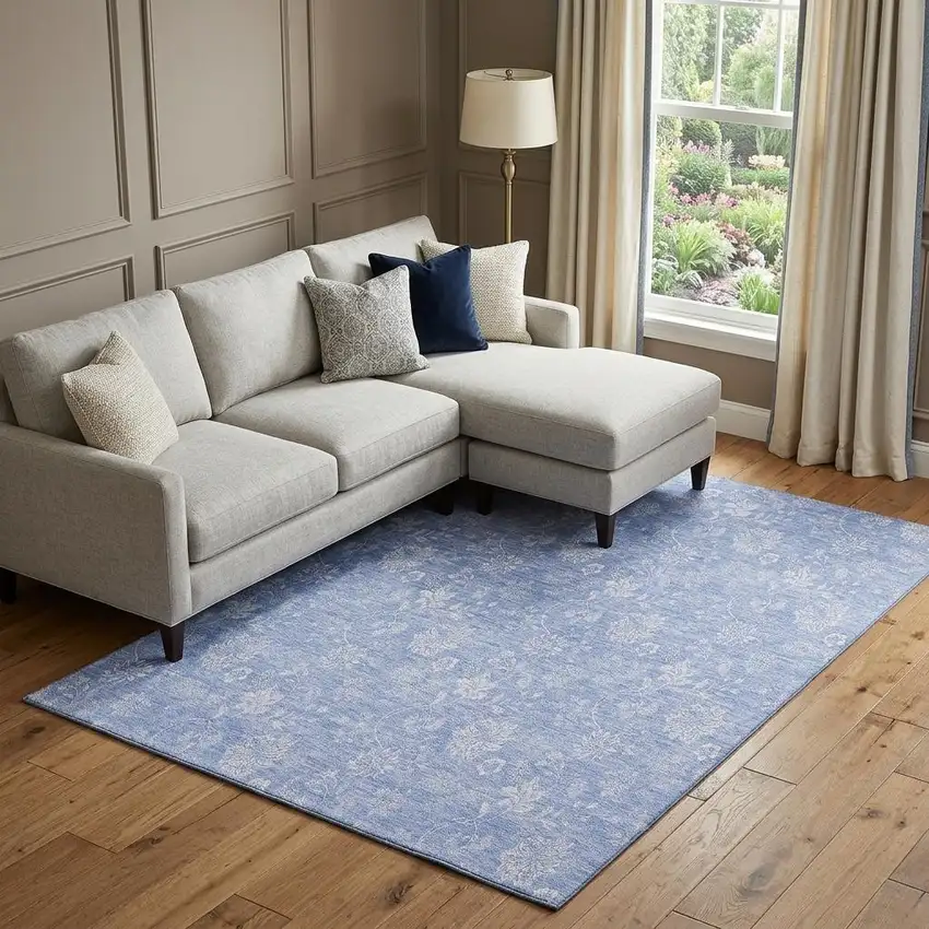 Sky Blue And Ivory Floral Washable Area Rug With UV Protection Photo 1