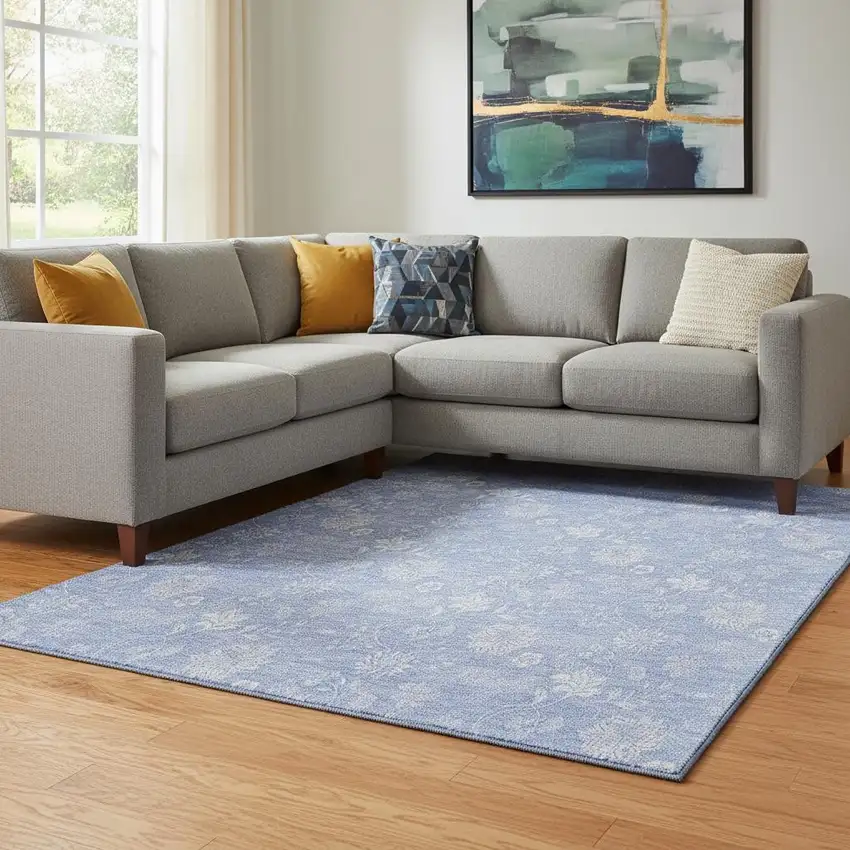 Sky Blue And Ivory Floral Washable Area Rug With UV Protection Photo 1