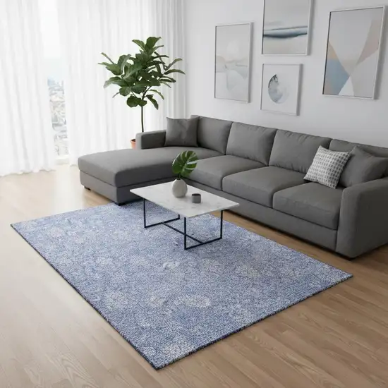 Sky Blue And Ivory Floral Washable Area Rug With UV Protection Photo 1