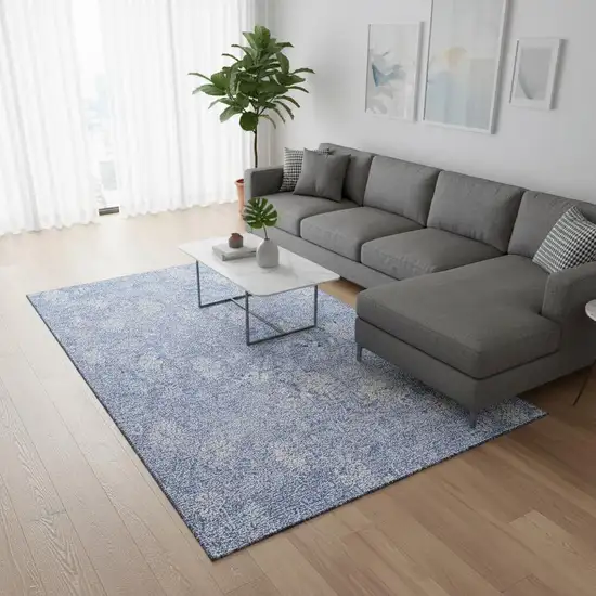 Sky Blue And Ivory Floral Washable Area Rug With UV Protection Photo 3