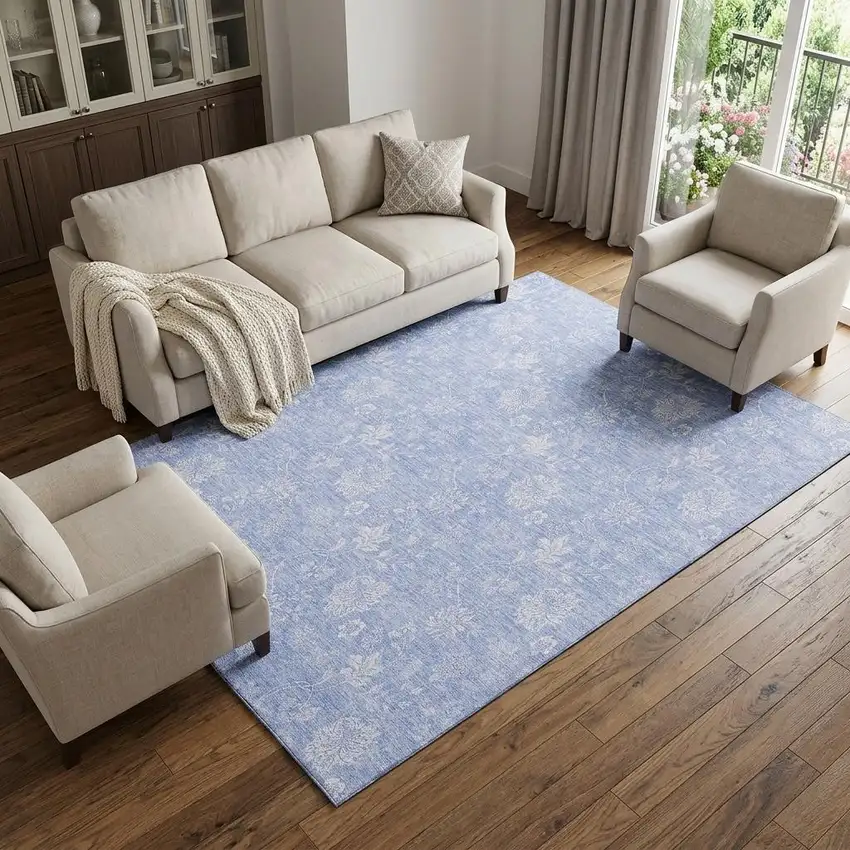 Sky Blue And Ivory Floral Washable Area Rug With UV Protection Photo 1