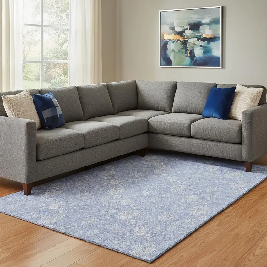 Sky Blue And Ivory Floral Washable Area Rug With UV Protection Photo 1