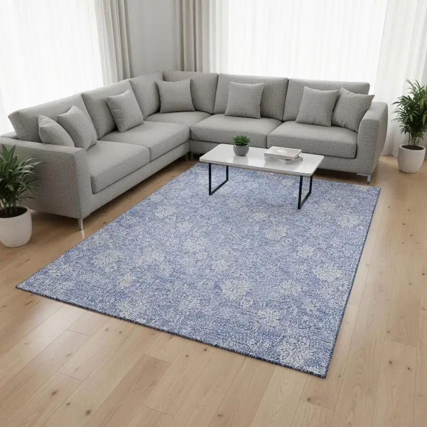 Sky Blue And Ivory Floral Washable Area Rug With UV Protection Photo 2