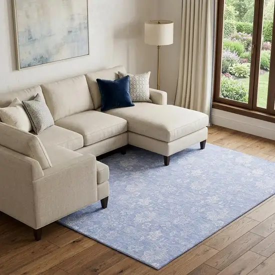 Sky Blue And Ivory Floral Washable Area Rug With UV Protection Photo 1