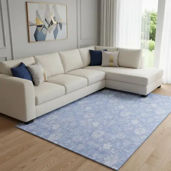 Sky Blue And Ivory Floral Washable Area Rug With UV Protection Photo 1