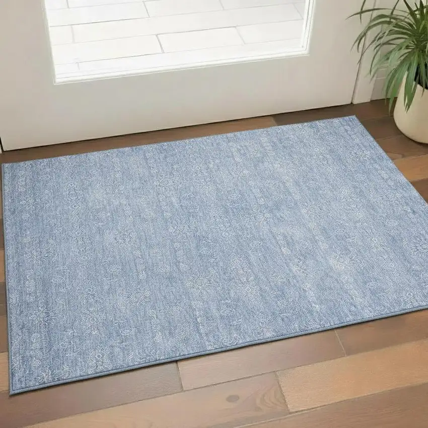 Sky Blue And Ivory Floral Washable Area Rug With UV Protection Photo 1