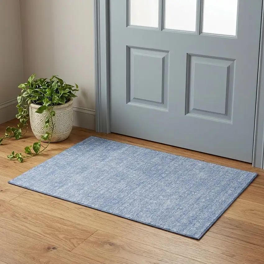 Sky Blue And Ivory Floral Washable Area Rug With UV Protection Photo 1