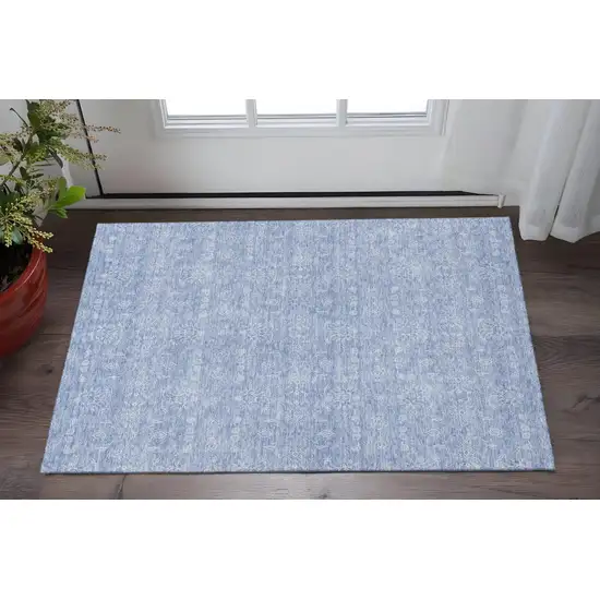 Sky Blue And Ivory Floral Washable Area Rug With UV Protection Photo 2