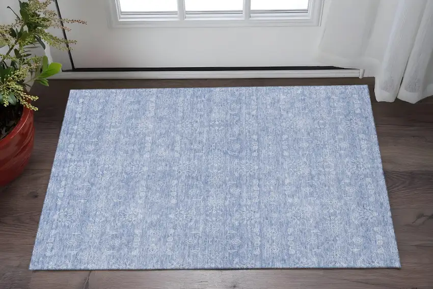 Sky Blue And Ivory Floral Washable Area Rug With UV Protection Photo 2