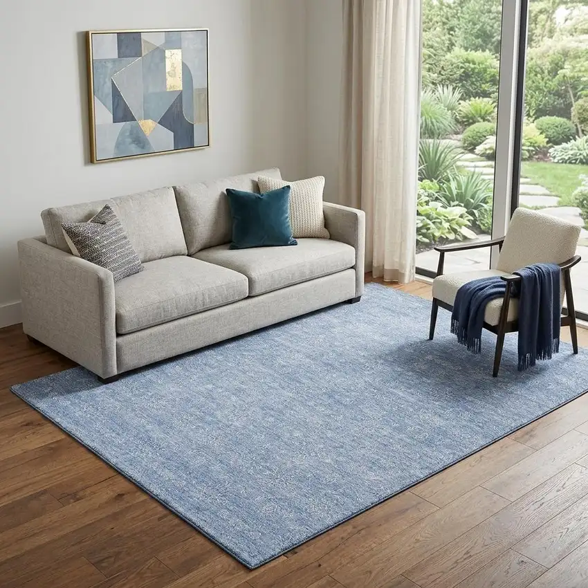 Sky Blue And Ivory Floral Washable Area Rug With UV Protection Photo 1