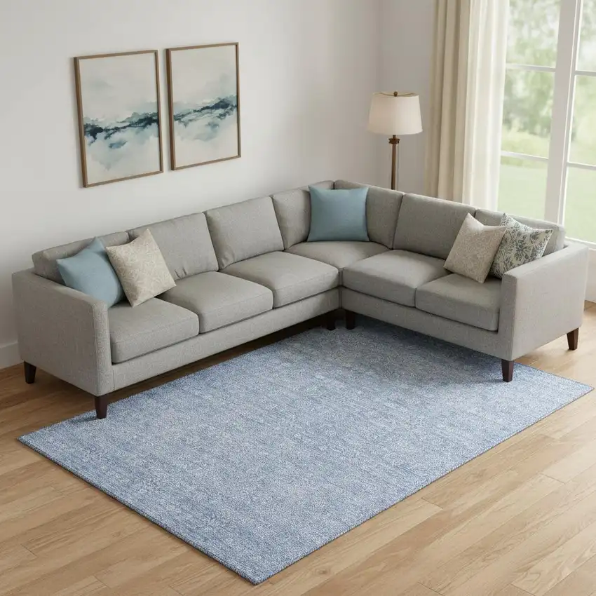 Sky Blue And Ivory Floral Washable Area Rug With UV Protection Photo 1