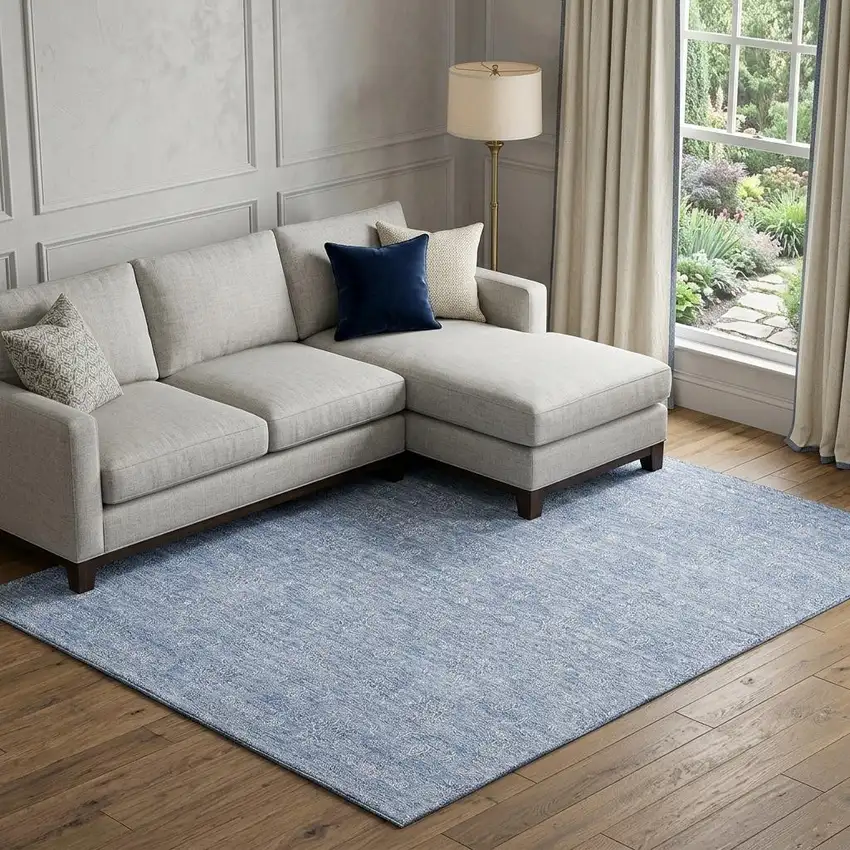 Sky Blue And Ivory Floral Washable Area Rug With UV Protection Photo 1