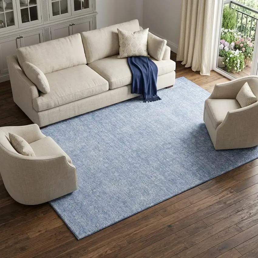 Sky Blue And Ivory Floral Washable Area Rug With UV Protection Photo 1