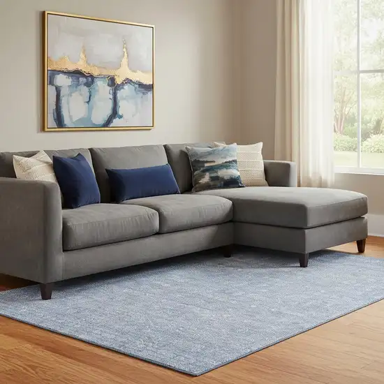 Sky Blue And Ivory Floral Washable Area Rug With UV Protection Photo 2