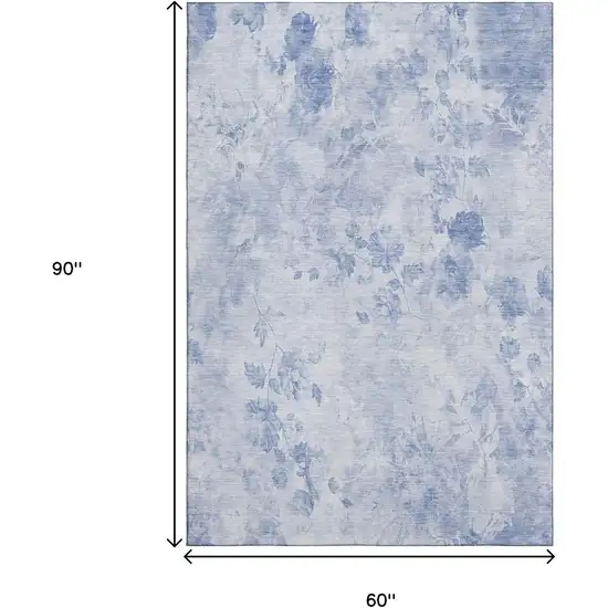 Sky Blue And Ivory Floral Washable Area Rug With UV Protection Photo 3