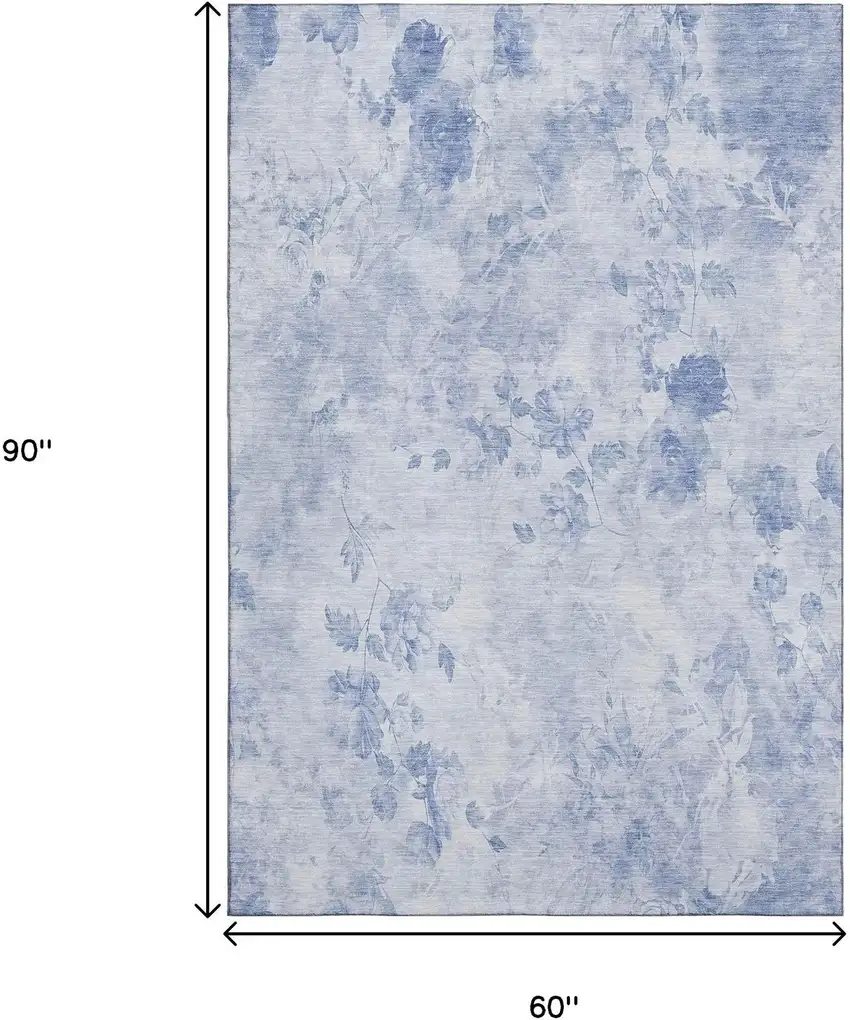 Sky Blue And Ivory Floral Washable Area Rug With UV Protection Photo 3