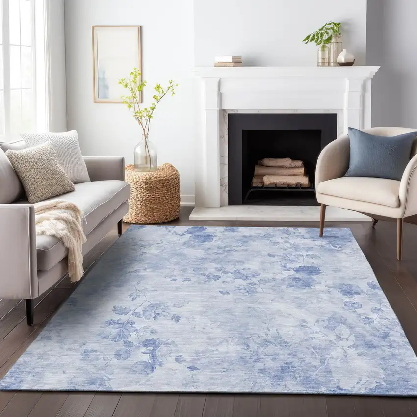 Sky Blue And Ivory Floral Washable Area Rug With UV Protection Photo 4