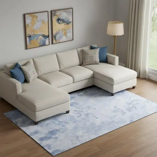 Sky Blue And Ivory Floral Washable Area Rug With UV Protection Photo 1