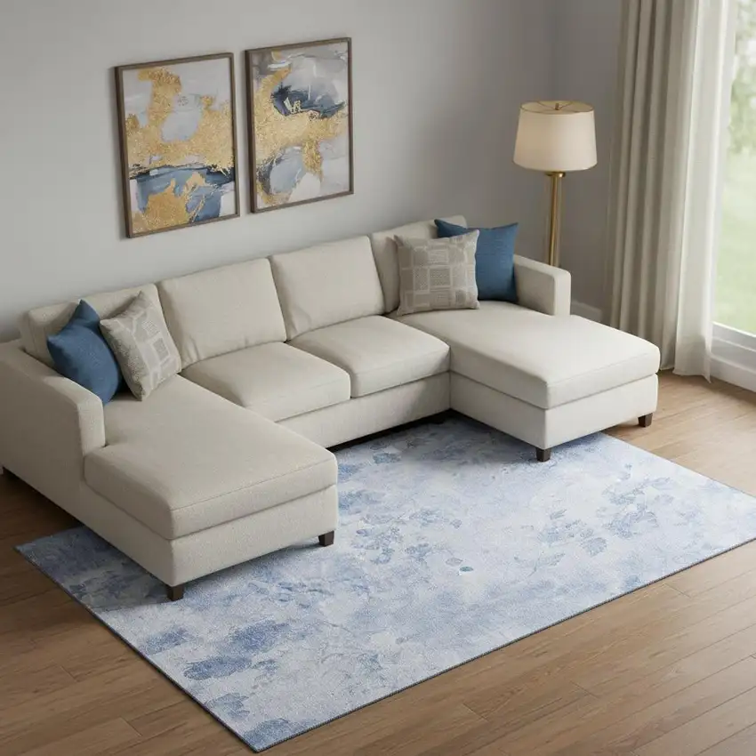 Sky Blue And Ivory Floral Washable Area Rug With UV Protection Photo 1