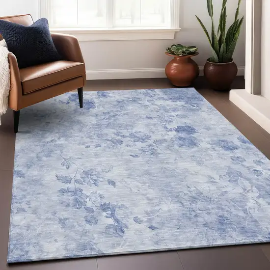Sky Blue And Ivory Floral Washable Area Rug With UV Protection Photo 5