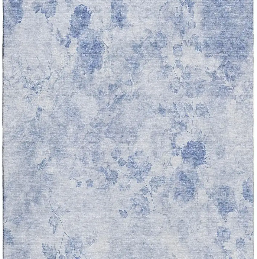 Sky Blue And Ivory Floral Washable Area Rug With UV Protection Photo 3