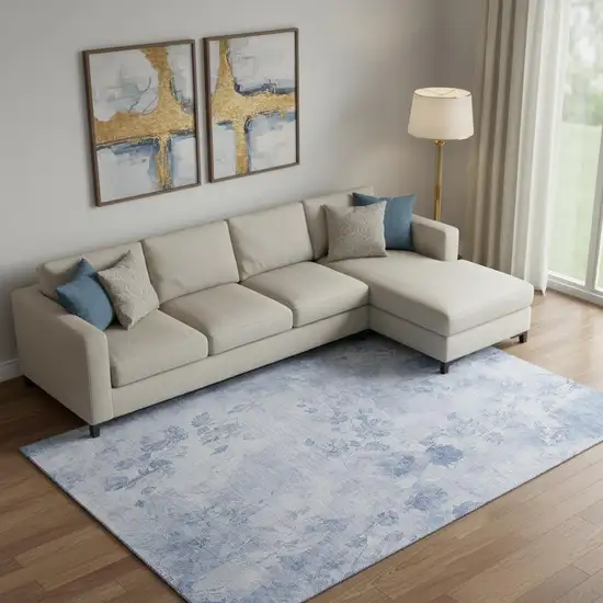 Sky Blue And Ivory Floral Washable Area Rug With UV Protection Photo 1