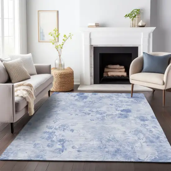 Sky Blue And Ivory Floral Washable Area Rug With UV Protection Photo 4