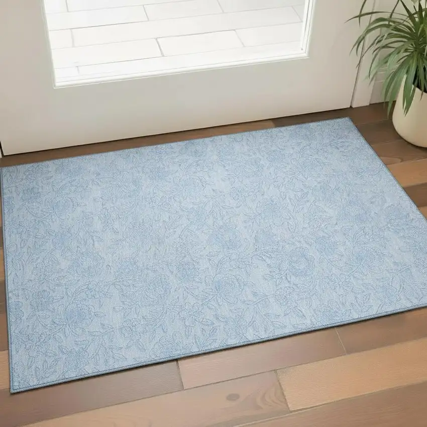 Sky Blue And Ivory Floral Washable Area Rug With UV Protection Photo 1