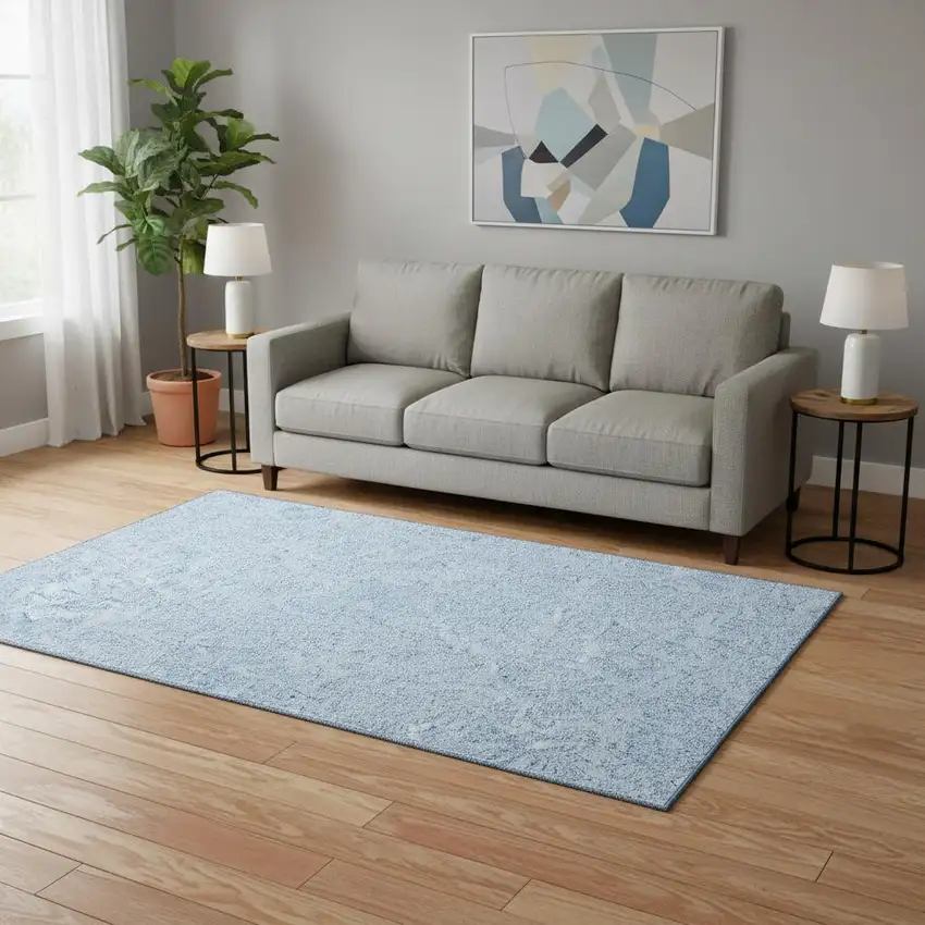 Sky Blue And Ivory Floral Washable Area Rug With UV Protection Photo 2