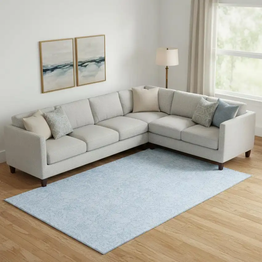 Sky Blue And Ivory Floral Washable Area Rug With UV Protection Photo 1