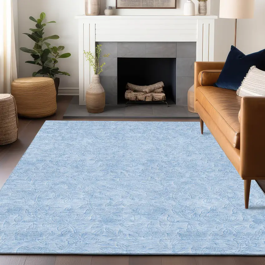 Sky Blue And Ivory Floral Washable Area Rug With UV Protection Photo 6