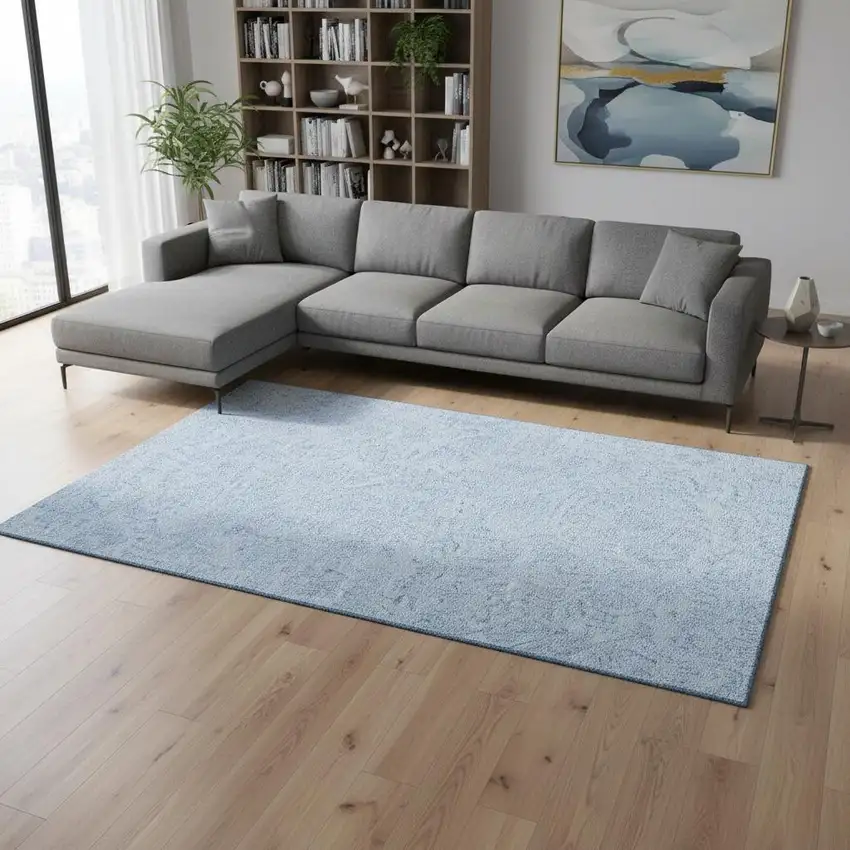 Sky Blue And Ivory Floral Washable Area Rug With UV Protection Photo 2