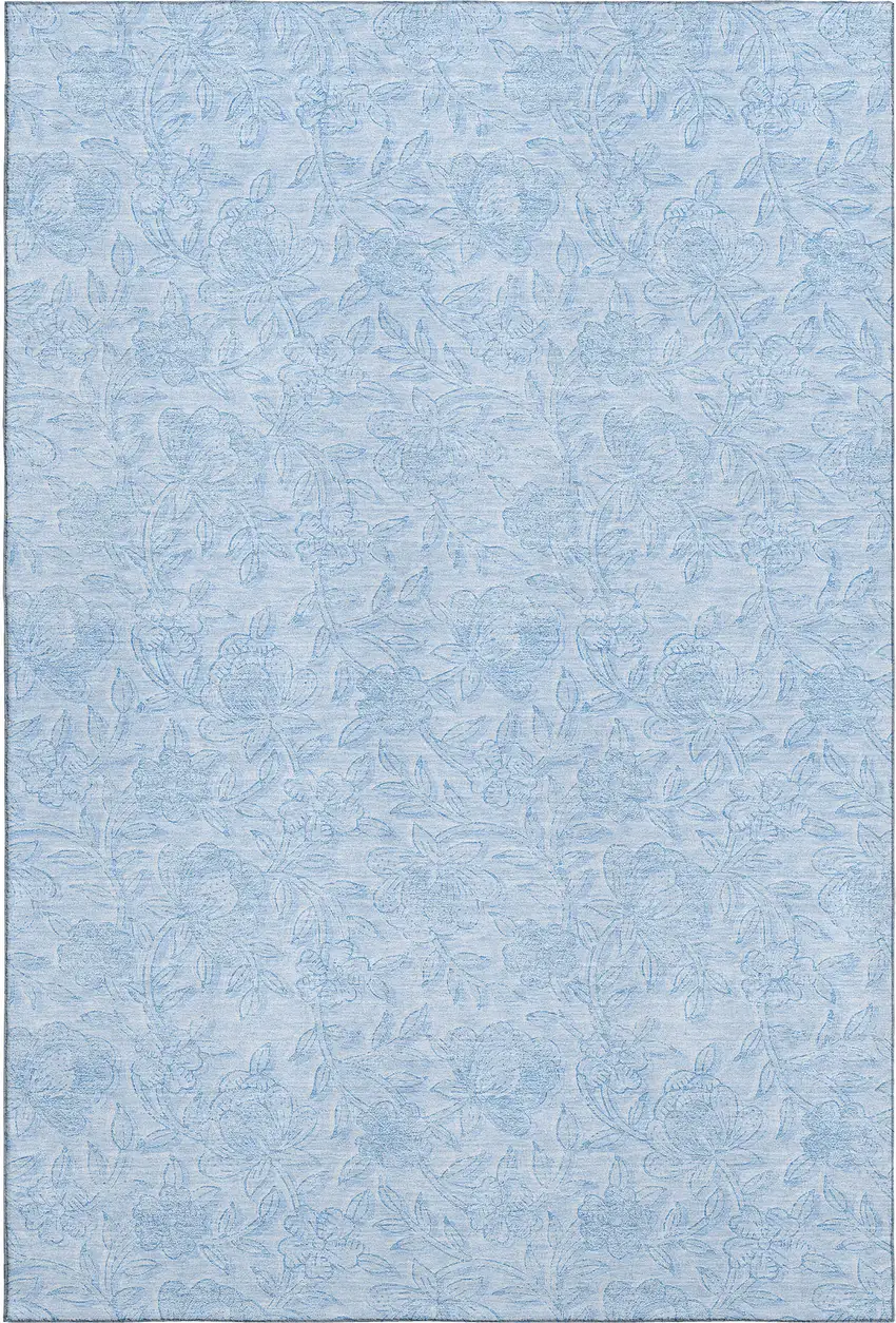Sky Blue And Ivory Floral Washable Area Rug With UV Protection Photo 1