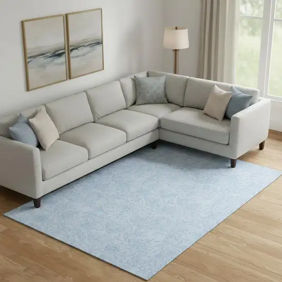 Sky Blue And Ivory Floral Washable Area Rug With UV Protection Photo 1