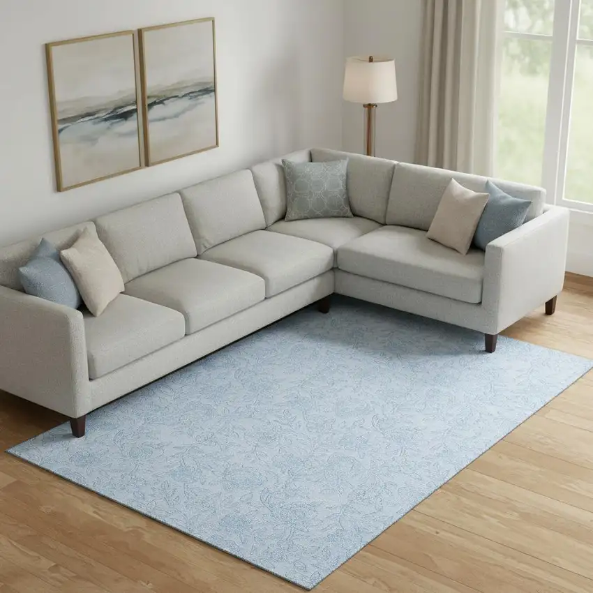 Sky Blue And Ivory Floral Washable Area Rug With UV Protection Photo 1