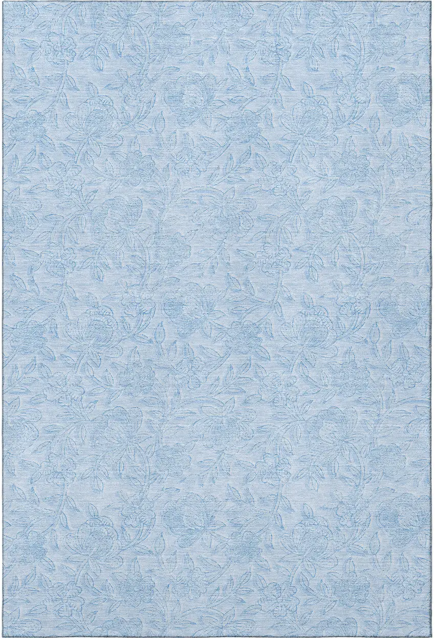 Sky Blue And Ivory Floral Washable Area Rug With UV Protection Photo 4