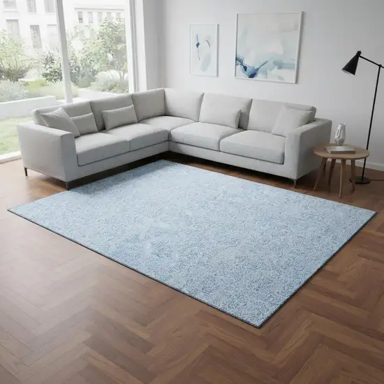 Sky Blue And Ivory Floral Washable Area Rug With UV Protection Photo 2