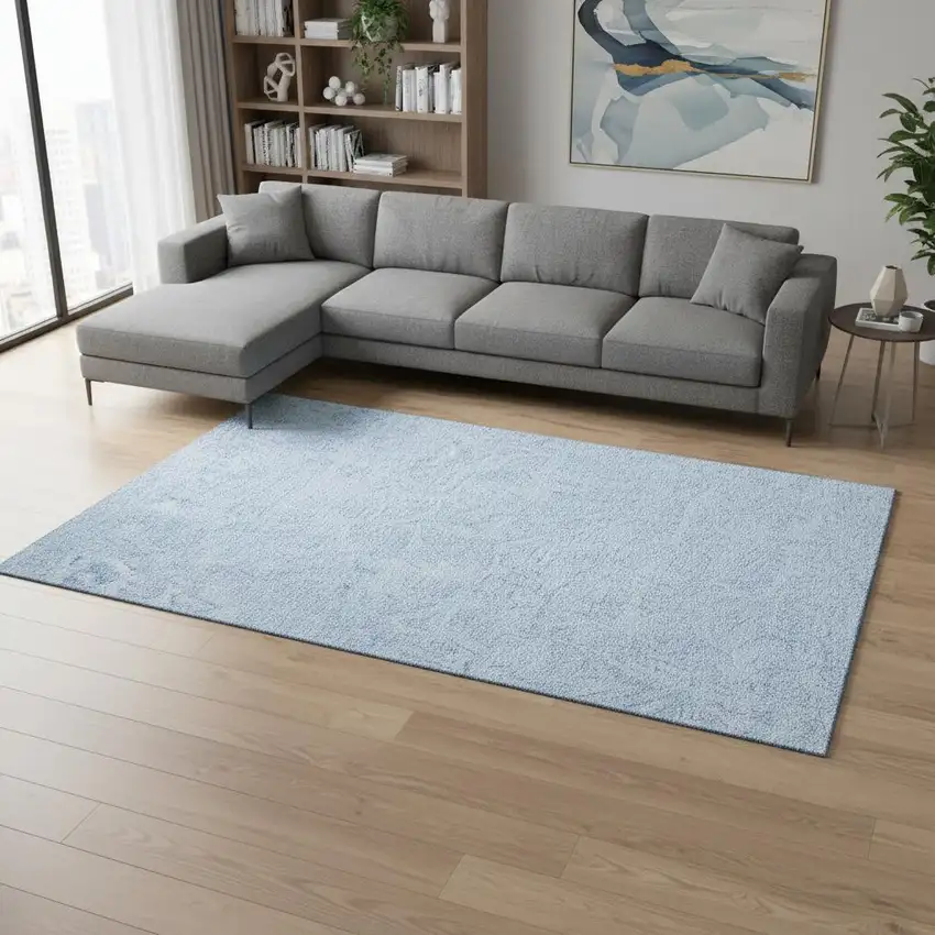 Sky Blue And Ivory Floral Washable Area Rug With UV Protection Photo 2