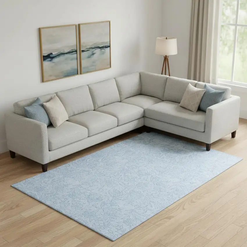 Sky Blue And Ivory Floral Washable Area Rug With UV Protection Photo 1