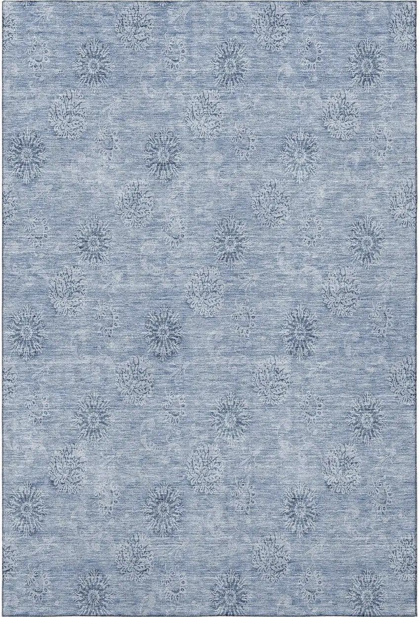 Sky Blue And Ivory Floral Washable Area Rug With UV Protection Photo 3