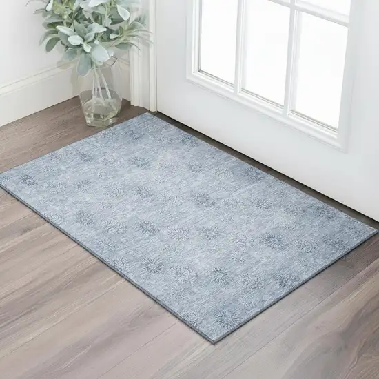 Sky Blue And Ivory Floral Washable Area Rug With UV Protection Photo 1
