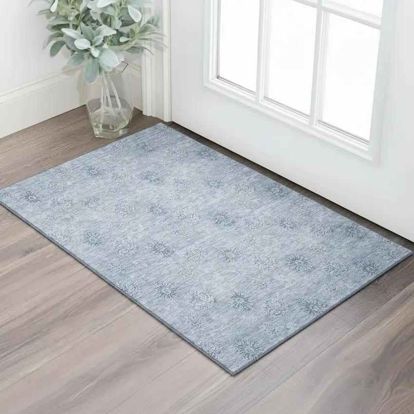 Sky Blue And Ivory Floral Washable Area Rug With UV Protection Photo 1