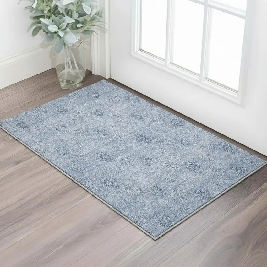 Sky Blue And Ivory Floral Washable Area Rug With UV Protection Photo 2
