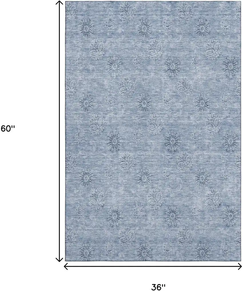 Sky Blue And Ivory Floral Washable Area Rug With UV Protection Photo 3