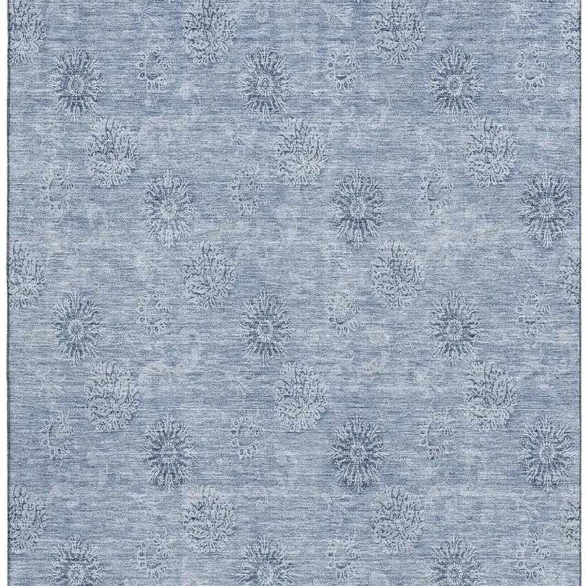 Sky Blue And Ivory Floral Washable Area Rug With UV Protection Photo 4