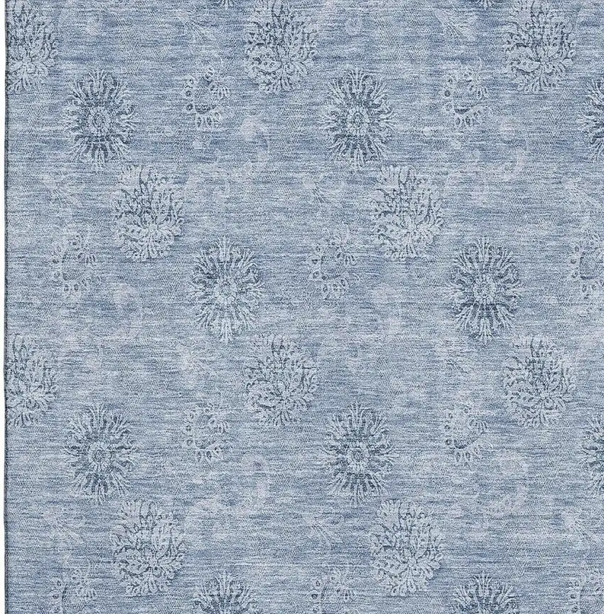 Sky Blue And Ivory Floral Washable Area Rug With UV Protection Photo 3