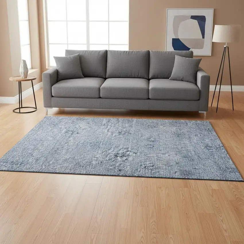 Sky Blue And Ivory Floral Washable Area Rug With UV Protection Photo 2