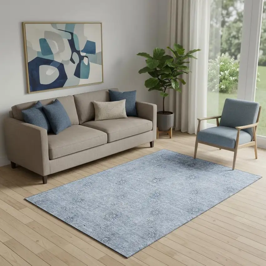 Sky Blue And Ivory Floral Washable Area Rug With UV Protection Photo 1