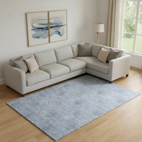 Sky Blue And Ivory Floral Washable Area Rug With UV Protection Photo 1